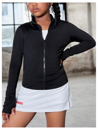 OYOANGLE Jaqueta de ioga atlética de manga comprida com zíper e gola redonda para meninas, Preto, 8