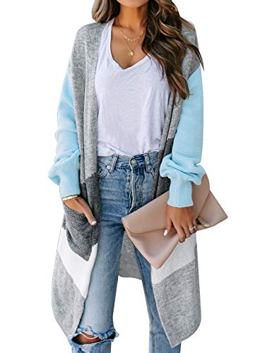 luvamia Women's Casual Long Sleeve Open Front Kimono Cardigan Colorblock Striped Loose Knit Lightweight Sweater Cardigan Outwear Blue Colorblock Cardigan Size L(US 12-14)