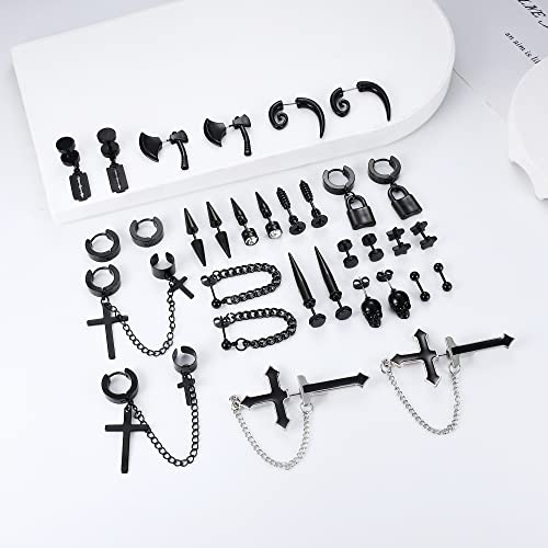 Florideco 16 Pairs Stainless Steel Y2K Punk Earrings Black For Men Women Mens Earrings Skull Cool Emo Goth Chains Jewelry Piercing Dangle Hoop Earrings Stud Set #TOP5