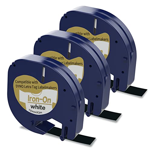 3 x 18769 Iron on Label Tape Replacement for DYMO LetraTag Iron-On Fabric Labels S0718850, Black on White 12mm x 2m Clothing Labels Work for Dymo Letratag Label Maker LT-100H LT-100T LT-110T