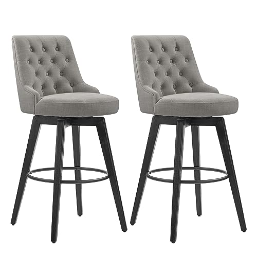 Image of Watson & Whitely Swivel Bar Stools with Back, Fabric in Flint Grey | 30 inch H Bar Height Barstools, Set of 2, Solid Wood Legs
