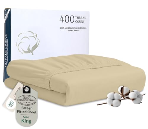 Image of Royale Linens 400 Thread Count 100% Cotton King Size Fitted Sheet Only - Luxury Sateen Weave - All Around Elastic King Deep Pocket Fitted Sheet - Soft & Durable Bottom Sheets - Fit Up to 16 inch (Sand)