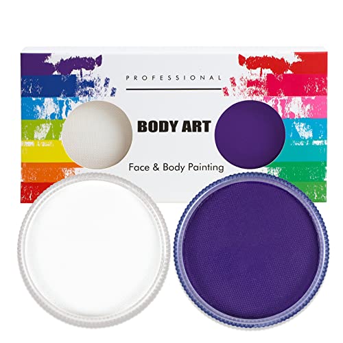 Profi-Schminke Fasching Set, Wasservermalbar 30g x 2 Colors Größere Schminkfarben, Faschingsschminke für Halloween, Fasching oder Verkleidungsparty, Weiß + Lila