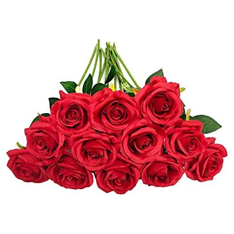 Uzergifts Rose Artificial Flower 12 Packs, Single Stem Fake Floral Bridal Wedding Bouquet, Realistic Blossom Flora for Valentine's Day,Wedding,Home Garden Party Decorations (Red) Cover