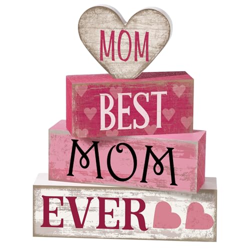 Yuntau 4 Pcs Mothers Day Table Decorations Mothers Day Tiered Tray Decor Mom Wooden Sign Mothers Day Centerpiece Decorative Faux Book Stack Block for Coffee Table Fireplace Mantel Floating Shelf