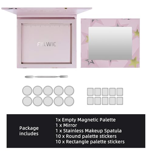Magnetic Empty Makeup Palette with Mirror – Customizable Refillable Case for Eyeshadow, Blush, Lipstick, Highlighter – Lightweight, Waterproof, with Spatula & 20 Metal Stickers (Pink, Medium)