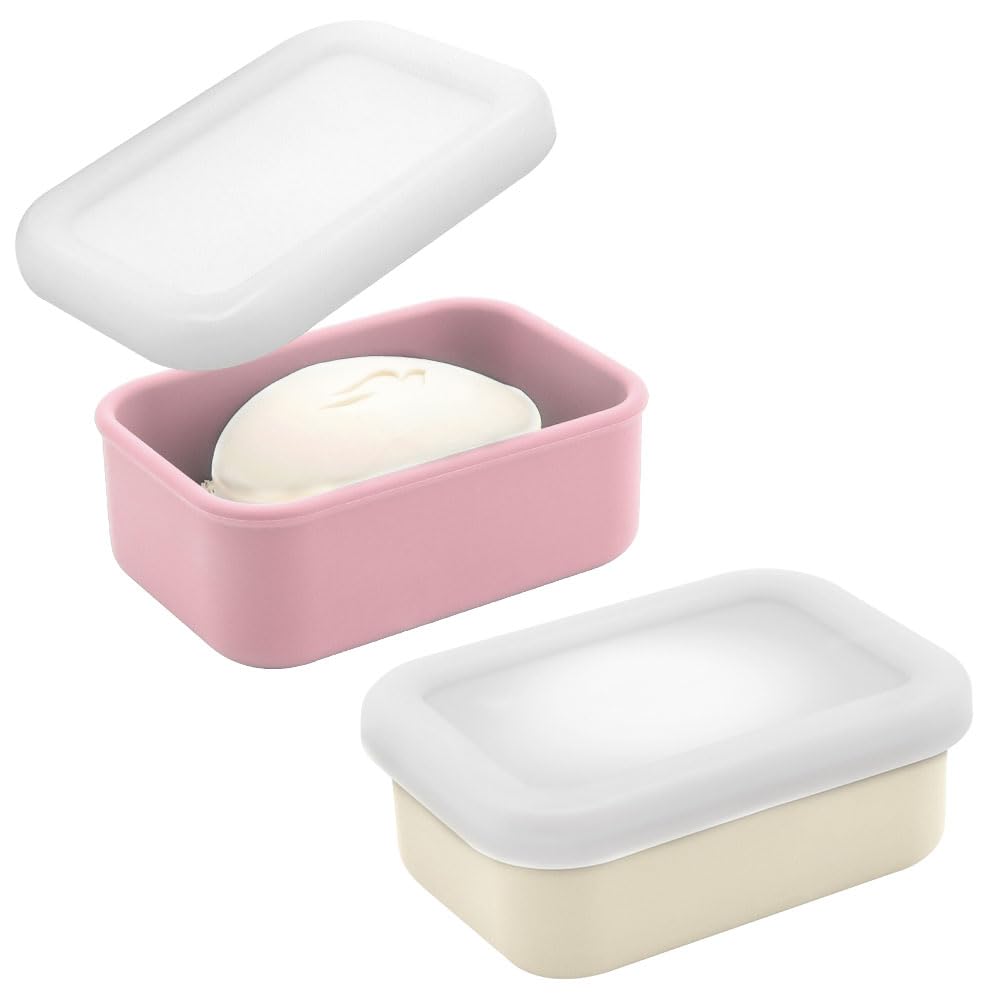 HUNGBAN 2 PCS Travel Soap Case with Lid, Leak-Proof Silicone Portable Soap Box for Family & Holiday, Compact Travel Soap Dish for Wet Soap Bars (Pink-White)