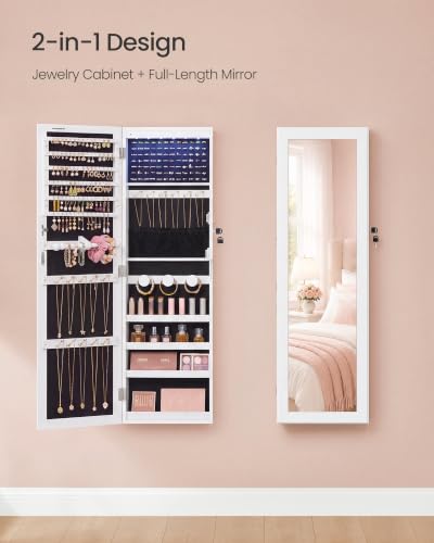 SONGMICS Jewelry Cabinet, Wall or Door Mounted Armoire with Full Length Mirror, Large Capacity Organizer, 6 LED Lights, 42.5 x 3.9 x 14.6 inch, White, BERIT Collection UJJC092W101 - Image 4