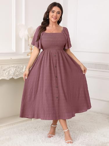 Plus Size Casual Maxi Boho Dress for Curvy Women Short Sleeve Square Neck Smocked Summer Beach Dresses Button Down2