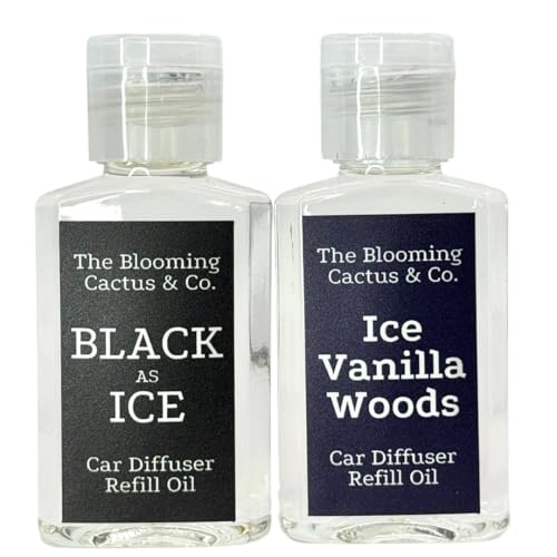 1 OZ Premium Car Diffuser Refill Oil – 2 Pack Long Lasting Fragrance Oil for Car, Home & Office | Compatible with Most Diffusers |Fresh, Pleasant Scent for Every Space (Black Ice + Iced Vanilla Woods)