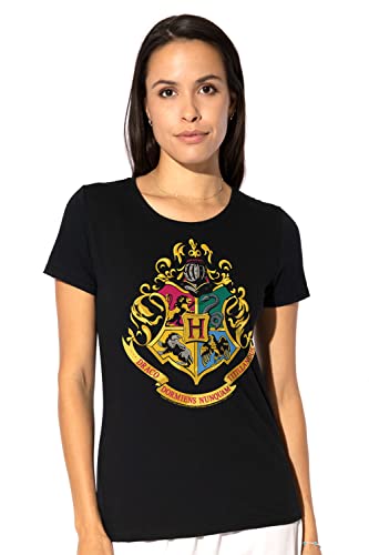 Popfunk Classic Harry Potter Hogwarts Logo Teen Juniors Womens Premium Cotton Cap Sleeve Graphic T-Shirt & Stickers (Medium) Black