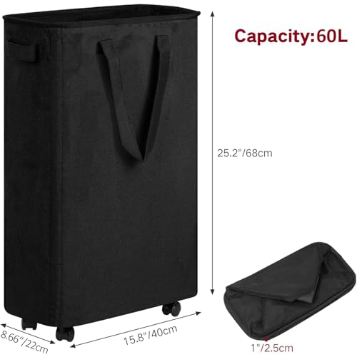 efluky Slim Laundry Hamper with Wheels, Rolling Laundry Basket for Clothes, Small Laundry Basket for Bedroom, Dorm and Laundry Room, 60L (12.7 Gallons) Black
