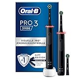 Oral-B Pro 3 3900 Elektrische Zahnbürste/Electric Toothbrush, Doppelpack & 3 Aufsteckbürsten, mit 3 Putzmodi und visueller 360° Andruckkontrolle für Zahnpflege, Geschenk Mann/Frau, schwarz