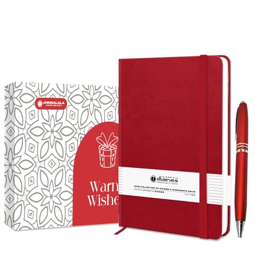 Image of Jhingalala A5 Leather Cover Hardbound Undated Journal Notebook with Pen Combo Gift | 80 GSM Premium Non-Bleeding Paper | Diary with Pen | Ideal Corporate, Diwali & New Year Gift (Red)
