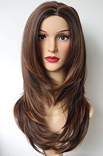 Long Layered Shoulder Length wig Synthetic Hair Fiber Brown with camel Color Highlight Side Part Multicolor full wig for Women (mixcolor3 skin part)