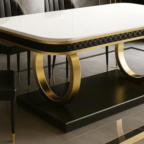 Image of 6-Seater Dining Table with Nano Composite Marble Top and PVC Golden Wooden Base |2yr Warranty - Includes 6 Fabric Upholstered Chairs (Black, White Nano Composite Marble Top)