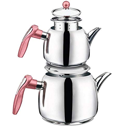 18/10 Stainless Steel Double Tea pot Samovar Turkish Tea Pot set (KUGU PINK)