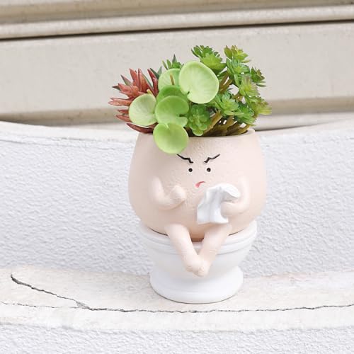 CASANIA Face Flower Pots Cute Planter Outdoor Handmade Resin Head Planters for Indoor Plants Self Watering Toilet Succulent Pot with Drainage Hole Unique Home Decor Quirky Gardening Gift