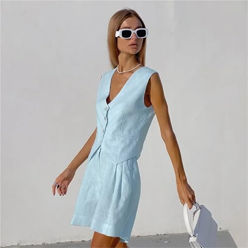Womens 2 Piece Outfits Cotton Linen Suit Vest Suit Women's Summer Casual Sleeveless Vest Shorts Two-Piece Set(Dark Blue,M)2