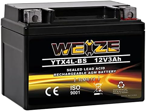 Weize YTX4L-BS High Performance - Rechargeable - Sealed Motorcycle Battery Compatible with Polaris Scrambler, Sportsman 90, Honda Scooters NQ50 Spree,Kawasaki 110 KLX110,Can-Am DS70,Yamaha TTR125E/LE