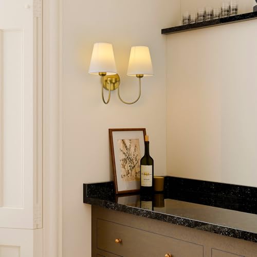 Image of White Fabric 2 Light Wall Sconce | Hardwired, Double Headed, Cloth Shade, For Bedroom, Bathroom & Hallway, Direct Wire