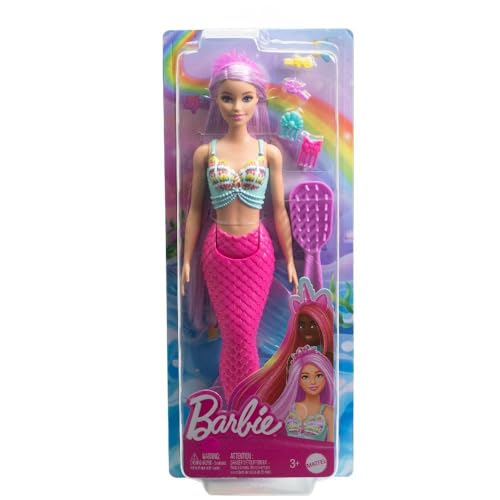 Barbie Muñeca Sirena fantasía con Pelo Largo Rosa y Accesorios para peinar, Serie Un Toque de Magia, Juguete +3 años (Mattel HRR00)