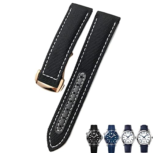 Bracelet montre nylon tissé noir et bleu anti-usure 19mm pour Omega AT150 avec boucle sécurisée