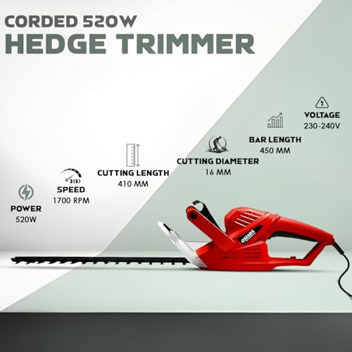 Image of OMADA Corded 520W Hedge Trimmer, 45cm Blade Length, 5 Metre Cord Length, 3 Kg, Cutting Diameter 16mm,2-Handed Safe-Start Switch, Cutting Length 410mm with No Load Speed 1700 RPM TOP Customer Service