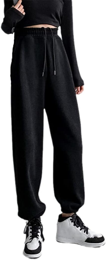 KEHAIOO Casual Women Sweatpants, Autumn Cotton Loose Elastic High Waist Pants, Solid Black Korean Pocket Sweatpants
