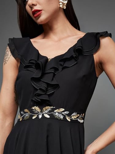 Image of Miss Chase Women's Round Neck Sleeve Embellished Fit Flare Maxi Dress