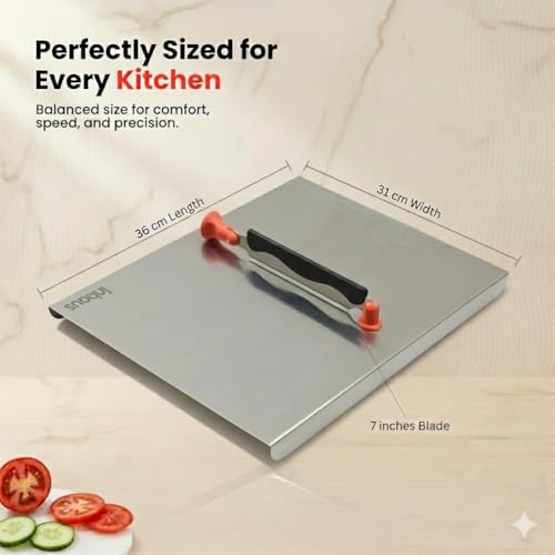 Image of Stainless Steel Chopping Board Large with Attached Knife, 36x31 cm Steel Cutting Board for Kitchen, Heavy Duty Cutter Board for Vegetable & Fruit Cutting