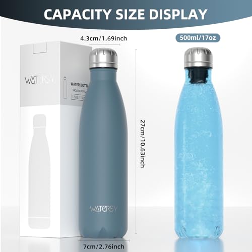Image of WATERSY Stainless Steel water bottles,17oz /500ml Insulated Water Bottles,Smog Blue metal water bottle Keeps Drink Cold and Hot,BPA Free kids water bottles for School,Gym,Travel,Sports