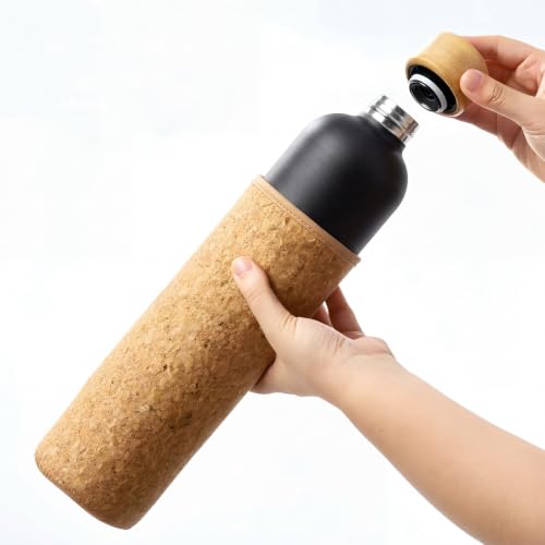 Acellegic Sauna Water Bottle with Bamboo Lid 33 Oz/1 Litre Cool to Touch in Hot Saunas Double-walled Insulated Stainless Steel Water Bottle with Cork Neoprene Outer Layer (Black Slim)