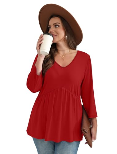 Image of OFEEFAN 3 /4 Length Sleeve Womens Tops 2026 Blouses for Women Dressy Casual Fashion Clothing V Neck Babydoll Tops Fall Outfits