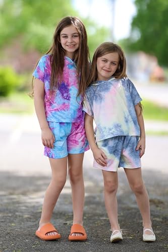 Image of Girls Summer Outfits Kids Hooded-Shirts Elastic Waist Shorts with Pockets | short sleeve drop shoulder hooded shirt and shorts with two pockets tie dye leopard letter print