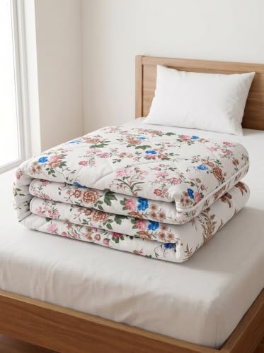 Image of Mafatlal 120 GSM Tulip Printed Single Bed AC Comforter | Premium Reversible Microfiber Quilt Blanket | Ultra Soft Lightweight Modern Bedding Duvet Cozy Rajai | 154 x 228 cm | Floral Cream