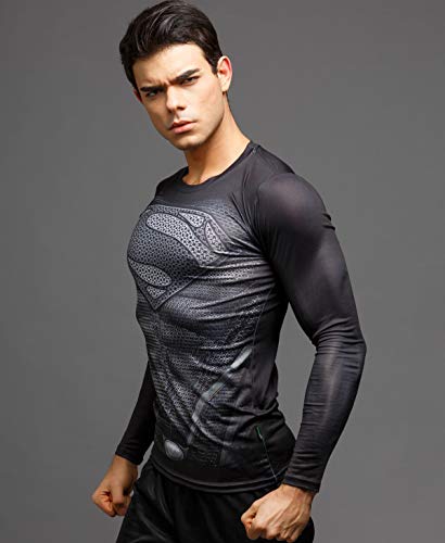 Camiseta masculina de compressão esportiva Cool Super Person Running manga comprida Red Plume, Preto