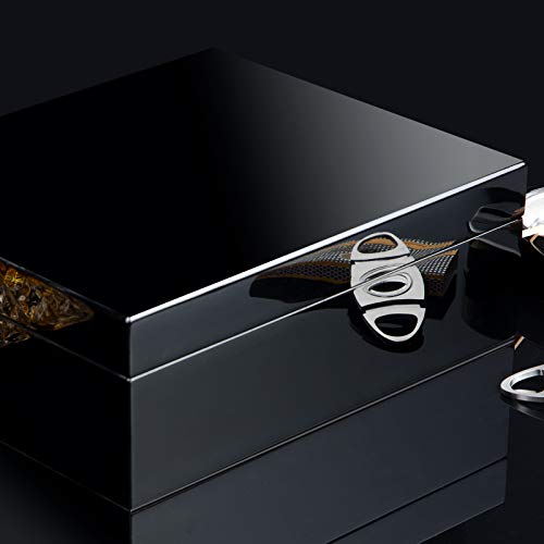 Woodronic Handmade Cigar Humidor Box with Hygrometer Humidifier Cigar Cutter and Ashtray for 30-50 Counts, Polished Piano Black Humidor Set for Men with Spanish Cedar Lining and Tight Seal