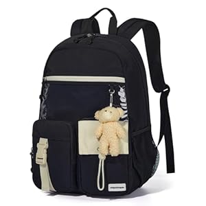 mommore Girls Backpack for School, Kawaii Kids Backpack, Lightweight Bookbag for Teen Girls Middle High School Daypack with Bear Pendant, Travel Outdoors, Black