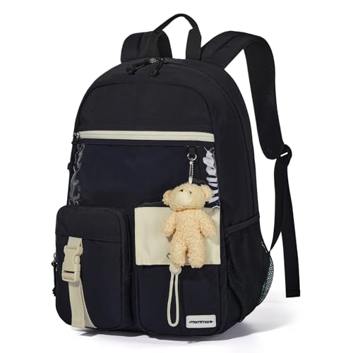 mommore Girls Backpack for School, Kawaii Kids Backpack, Lightweight Bookbag for Teen Girls Middle High School Daypack with Bear Pendant, Travel Outdoors, Black