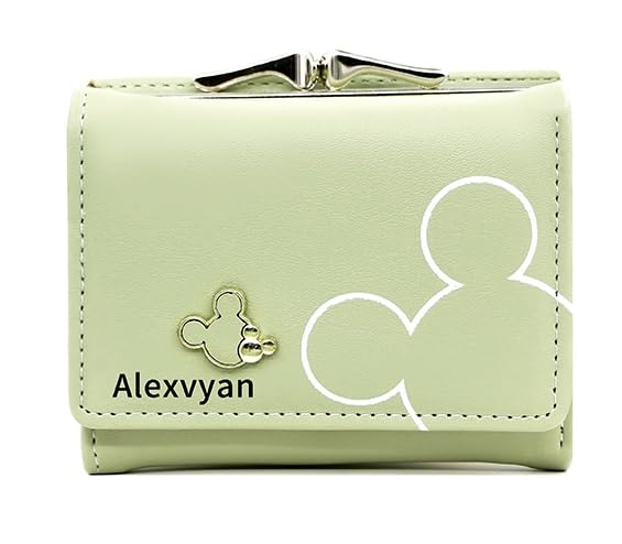 Green Mickey Small Tri-Fold Women's Purse Wallet Card Organizer Female Hand Purse Clutch Women/Ladies/Girls Wallets 5 Card Holder 1 Long & 2 Small Pocket -1 Coin Pocket-image-37