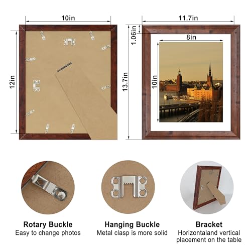 Image of iRahmen 10x12 Vintage Picture Frame with Mat 8x10 - High Definition Real Glass Wooden Photo Frames for Tabletop Display and Wall Mounting (Brown, Set of 4)