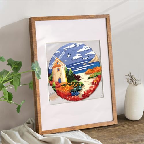 Image of FONNUY Embroidery Kit for Beginners, Boho Nature Landscape Pre-Stamped Pattern Kits for Adults with Hoop, Easy to Follow Color Thread Needlework, 8'' Hoop (Beach House)