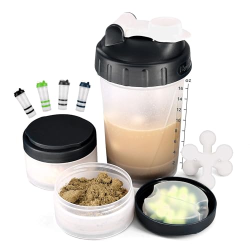 16oz Protein Shaker Bottle with Shaker Ball and 2 Storage Jars | BPA-Free Plastic Cup with Clear Measurement Scale | Perfect for Protein Mixes and Pills | Portable Pre-Workout Drink Cup（Black