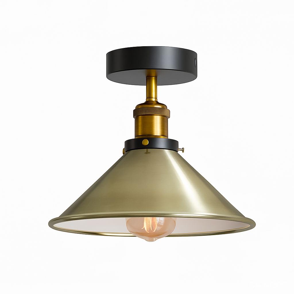 LEDSone Semi-Flush Mount Vintage Industrial-Ceiling Light Industrial Metal 22cm Lampshade Ceiling Light Mini Pendant Lighting for Farmhouse Porch Kitchen Bathroom (Green Brass with Bulb)