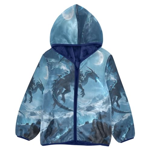 Dragon Soaring over Mountains Toddler Fleece Jacket Girl Boys Hooded Fleece Jacket Coat Warm Outwear Zip-up 3-10T