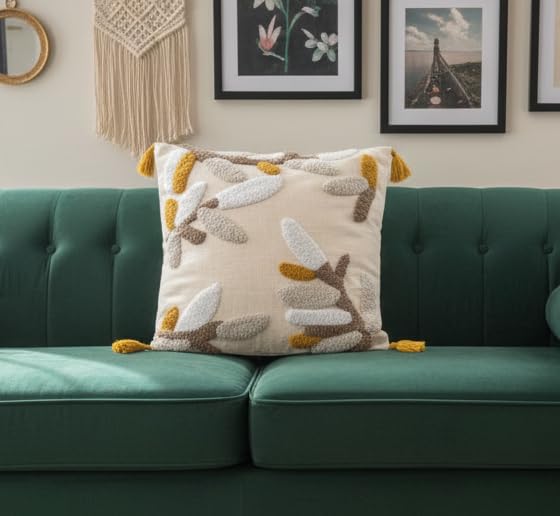 Image of Furnistitchs Handmade Cotton Bohemian Home Decor Cushion Cover 24x24 inches / 60x60 cms - Boho Chic Couch Sofa Throw Living Room Bedroom Cushions (2, Cream Leaves)