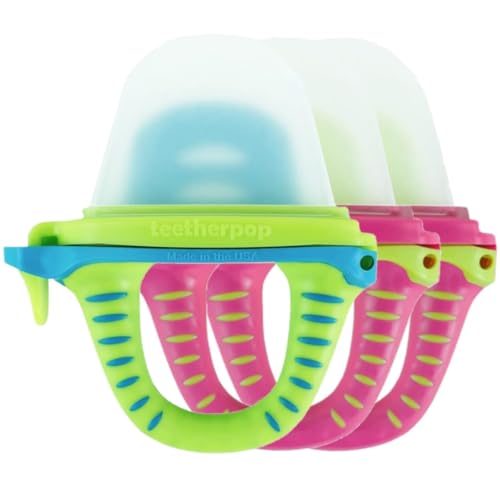 Teetherpop Fillable Silicone Teether for Babies (3-Pack) – Breastmilk Popsicle Molds for Teething w/Spill-Proof Sippy Slits – Freezable Baby Teethers for Liquids & Purées (PinkLemon/LimonTeal)
