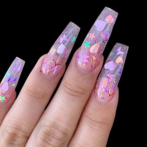 Nail Art Glitter Sequins, Purple And White 3D Glitter Nail Flakes Designs, Love Heart Flowers Butterflies Acrylic Nails Supplies Set For Women Girls Manicure Charms Decorations, False Nails Art Kit #TOP1