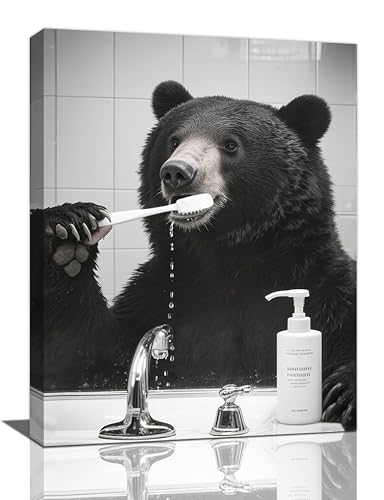 Crekviy Funny Black Bear Bathroom Decor Wall Art Bear Pictures Cute Animal Canvas Prints Painting Artwork Home Decorations Framed Gifts 12"x16"